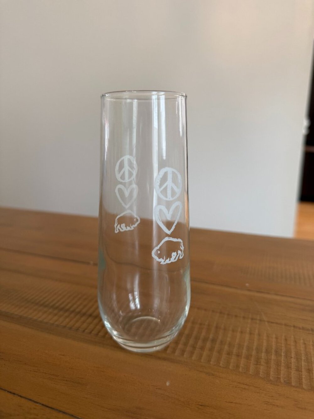 Stemless Champagne Glass - "Peace, Love, Buffalo"